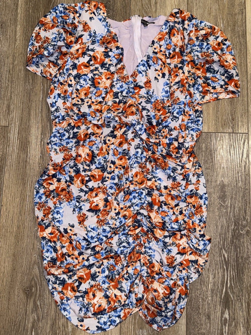Fashion Nova Orange and Blue Floral Wrap Dress